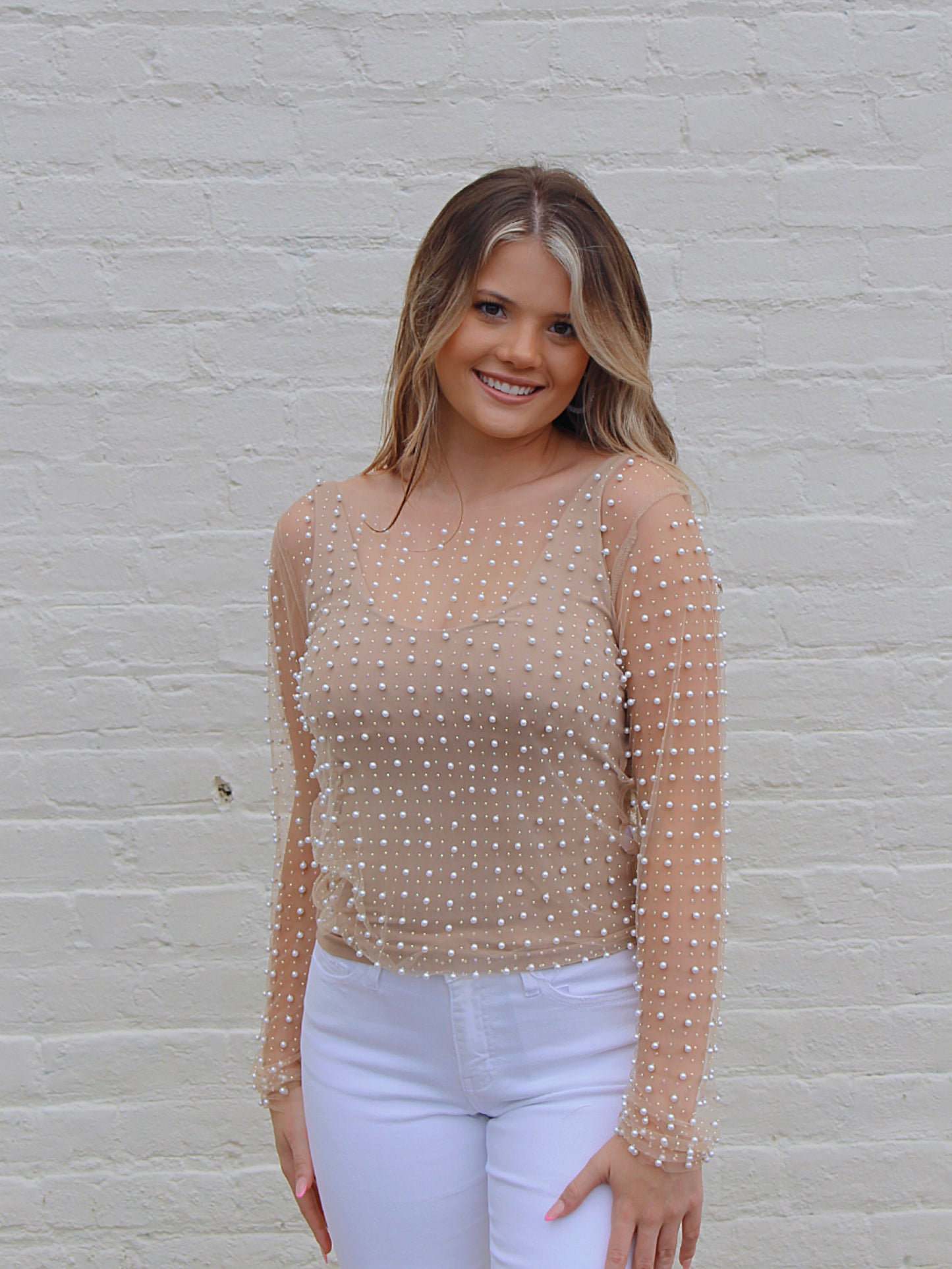Arielle Bead And Pearl Mesh Top- Nude