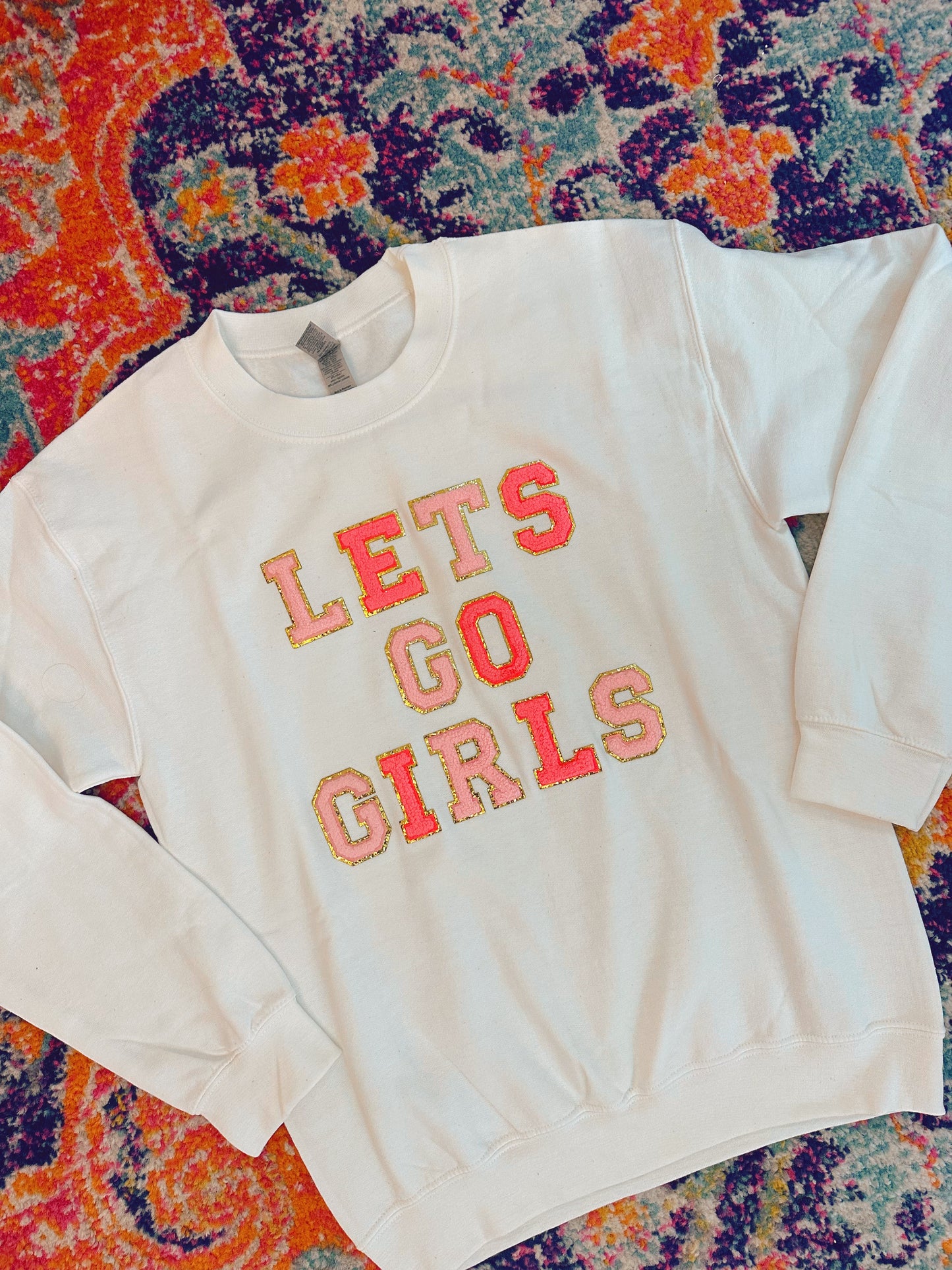 Let's Go Girls Patched Crew Neck- White/Pink