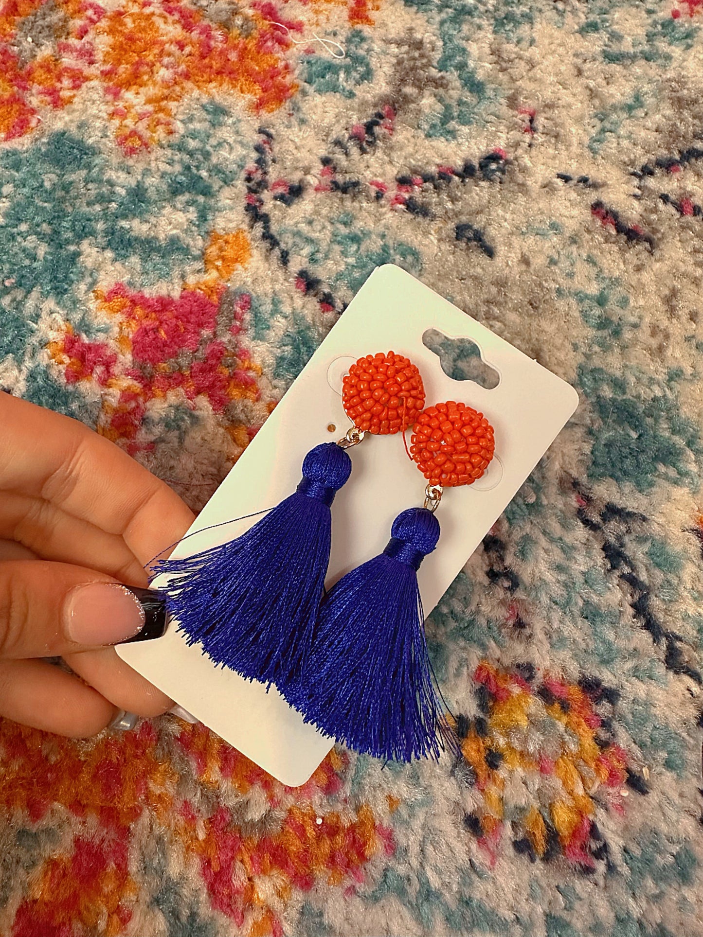 Game Day Bead & Tassel Dangle Earrings- Orange/Blue