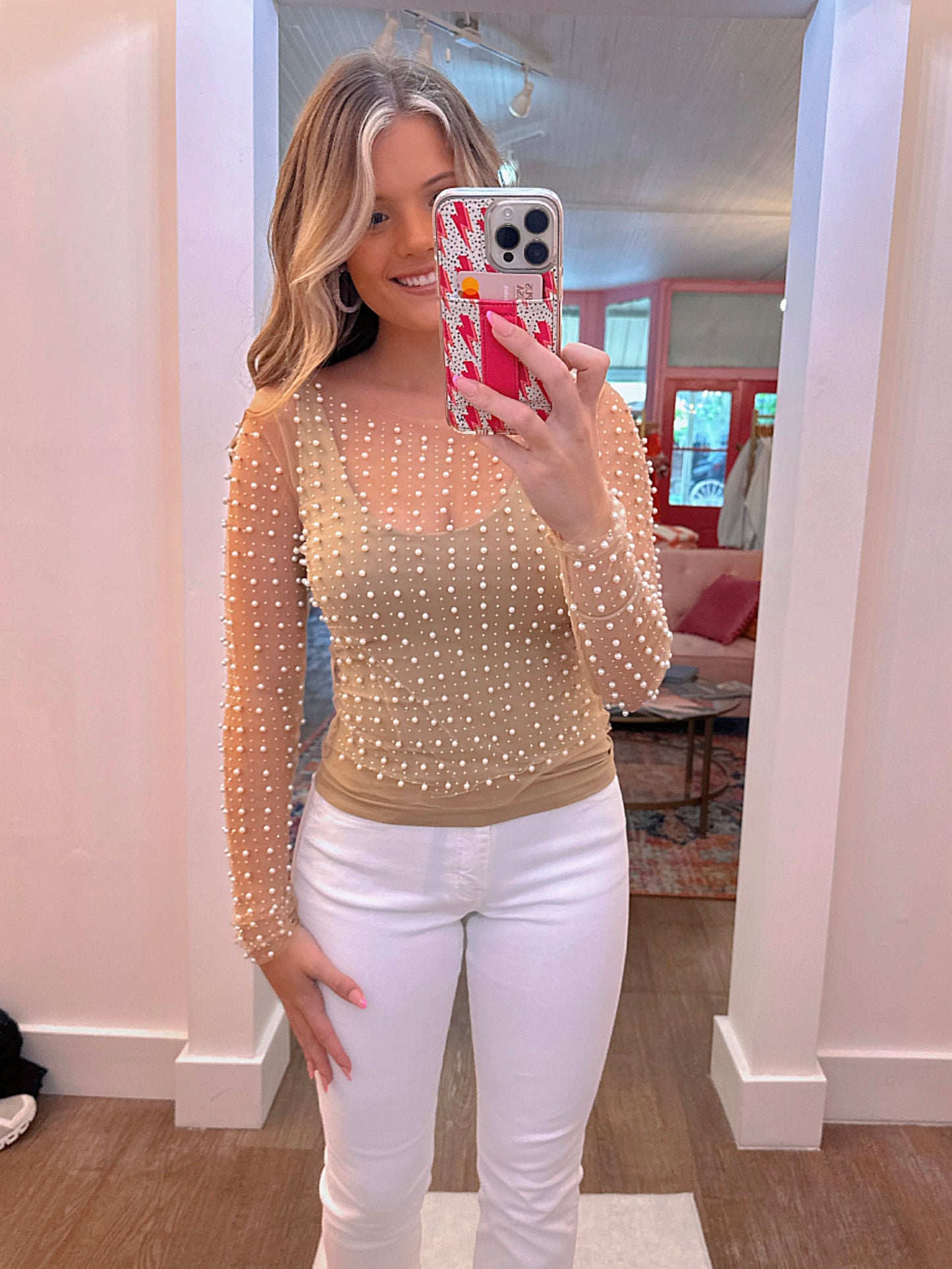 Arielle Bead And Pearl Mesh Top- Nude
